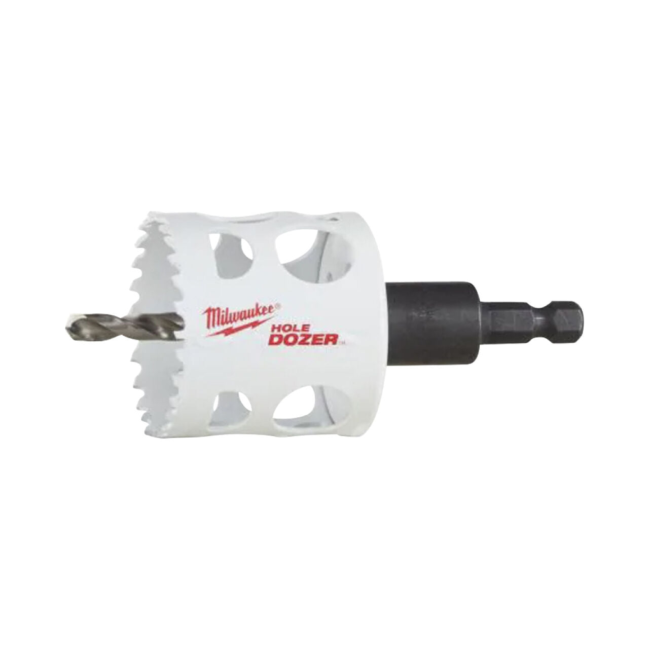 The Go Build 2 in. Hole Dozer Bi-Metal Hole Saw with 3/8 in. arbor & pilot bit features a white cylindrical cutting head with sharp teeth, and the brand and product name are printed in red on the tool.